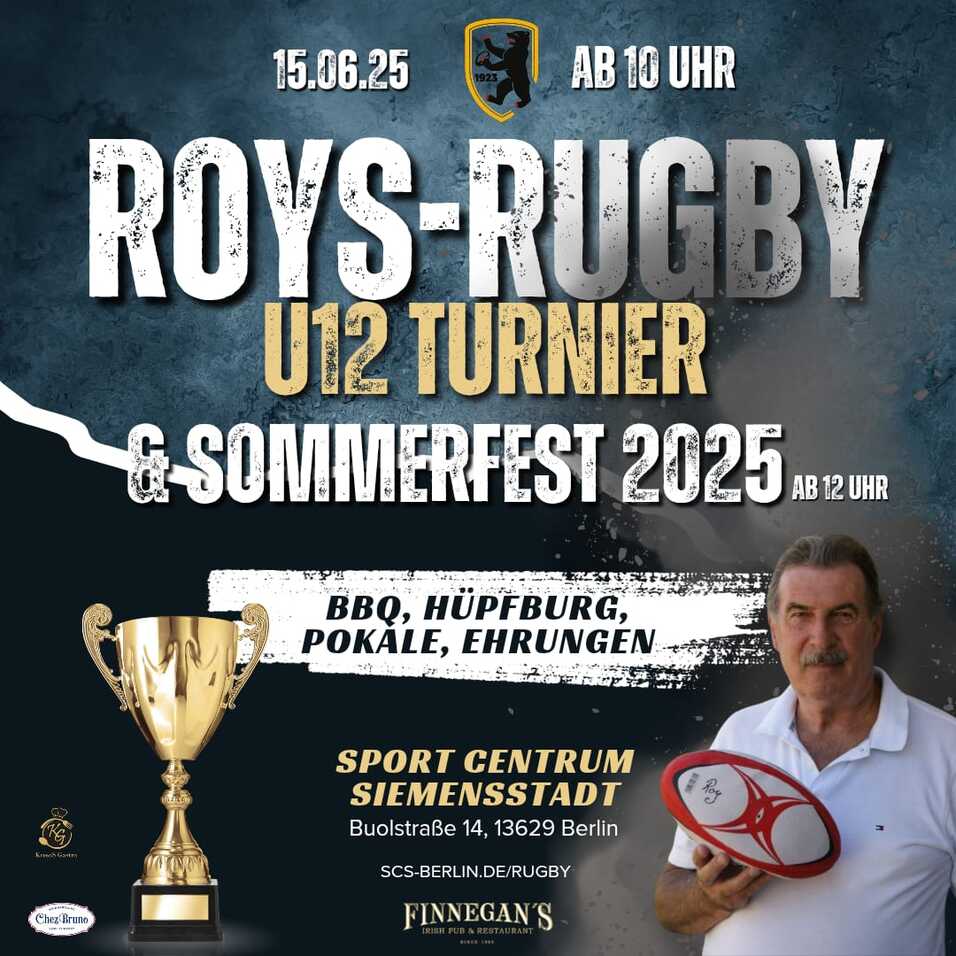 Plakat für das Roys-Rugby U12 Turnier und Sommerfest am 15.06.25 im Sport Centrum Siemensstadt in Berlin.