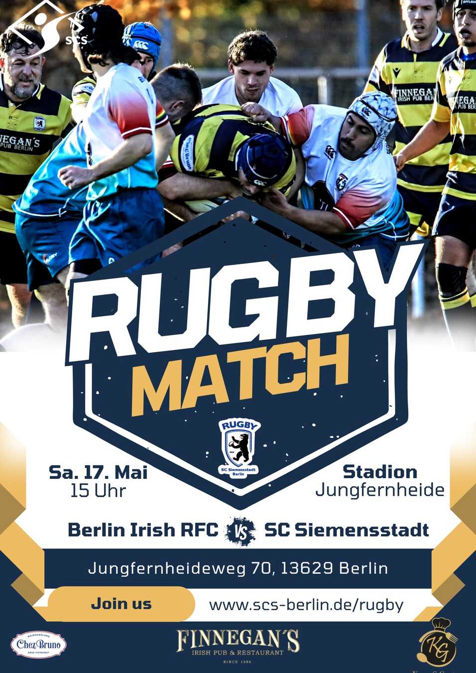 Rugbyspiel zwischen Berlin Irish RFC und SC Siemensstadt, Details zu Ort und Zeit auf einem Veranstaltungsplakat.
