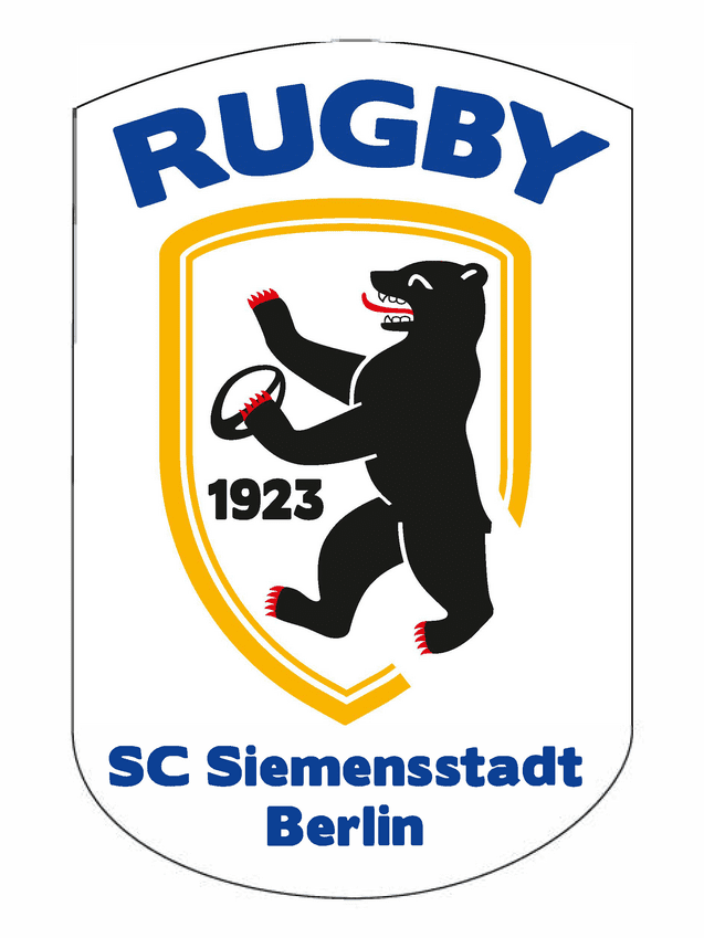 Logo des SC Siemensstadt Berlin, mit dem Schriftzug "RUGBY" und einem Bären, der einen Rugbyball hält. Gründungsjahr 1923.