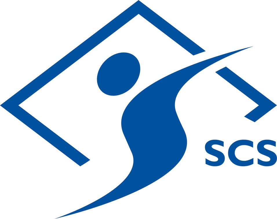 Logo der SCS mit stilisierter Figur in Blau, umgeben von einem Rechteck mit diagonalen Linien.