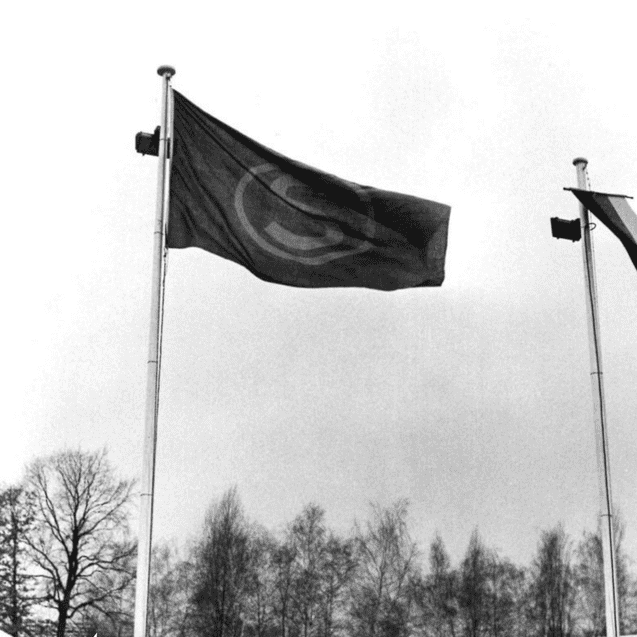 Flagge mit einem Logo weht im Wind, umgeben von Menschen auf einem Sportgelände, im Hintergrund Bäume und ein Tor.