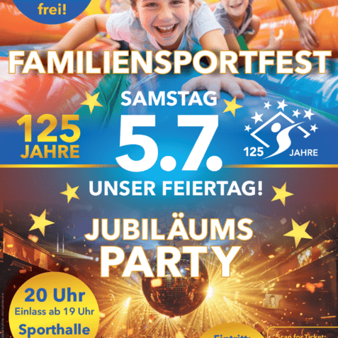 Plakat für ein Familienfest am 5.7. mit bunten Grafiken, Informationen zu Zeiten, Ort und Eintrittspreisen.