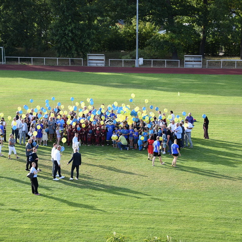 Gruppenszenen auf einem Sportfeld mit Menschen und bunten Luftballons in Blau und Gelb.