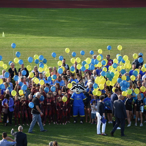 Gruppenszene auf einem Rasen mit Menschen, die gelbe und blaue Luftballons halten, während ein Maskottchen in der Mitte steht.