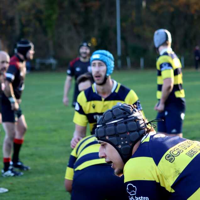Zwei Rugbyspieler in gestreiften Trikots und Helmen stehen auf einem gr&uuml;nen Spielfeld, bereit f&uuml;r das Spiel.