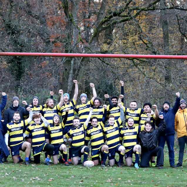 M&auml;nnermannschaft im Rugbytrikot pose f&uuml;r ein Gruppenfoto am Rugbyfeld und hebt jubelnd die Arme.