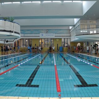 Sportbegeisterte Menschen stehen am Beckenrand eines Schwimmbeckens in einem modernen Hallenbad.