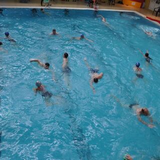 Gruppen von Schwimmern bewegen sich in einem überdachten Schwimmbad auf einer hellblauen Wasseroberfläche.