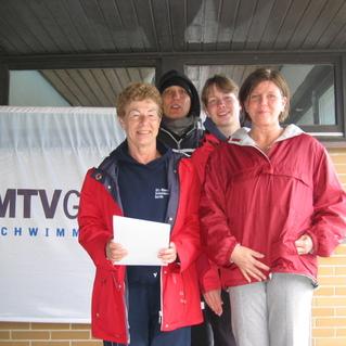 Vier Personen in roten Jacken stehen vor einer Wand mit dem Schriftzug "MTV G". Eine hält ein Blatt Papier in der Hand.