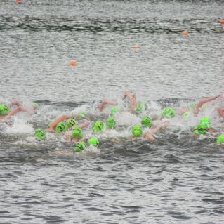 Gruppen von Schwimmern in grünen Badekappen schwimmen gleichzeitig in einem See, spritzendes Wasser überall.