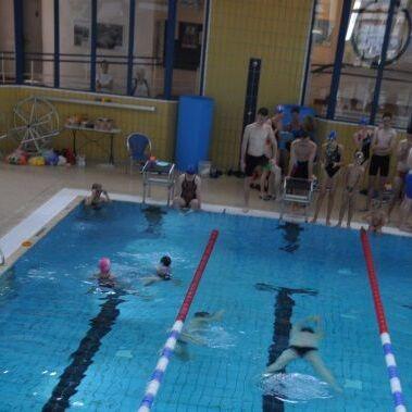 Schwimmbad mit mehreren Schwimmern im Wasser, neben dem Becken stehen Zuschauer und Trainer.
