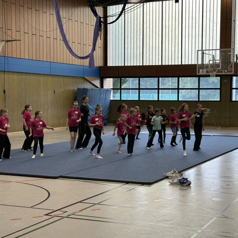 Gruppe von Kindern in pinken T-Shirts &uuml;bt auf einer blauen Turnmatte in einer Sporthalle unter Anleitung einer Trainerin.