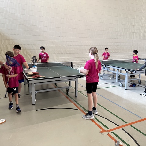 Kinder in pinken T-Shirts &uuml;ben Tischtennis mit einem Trainer in einer Sporthalle an mehreren Tischtennisplatten.