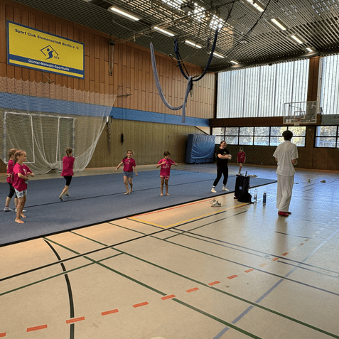 Gruppe von Kindern in pinken T-Shirts trainiert in einer Sporthalle mit Matten und einem Trainer.