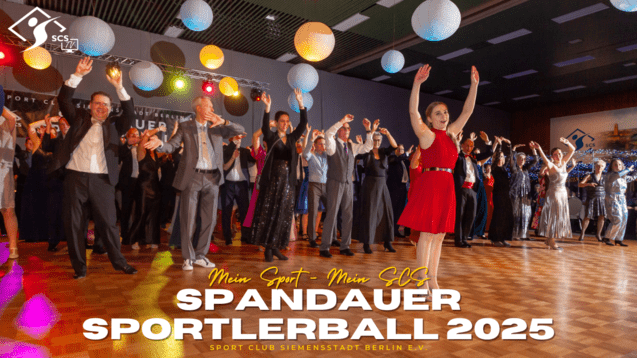 Gruppentanz beim Spandauer Sportlerball 2025, Menschen in festlicher Kleidung, bunte Laternen im Hintergrund.