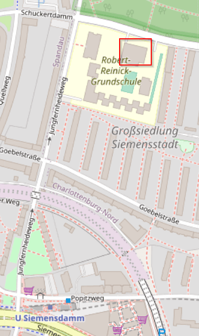 Kartenausschnitt mit eingezeichnetem Standort der Robert-Reinick-Grundschule in Siemensstadt, Berlin.