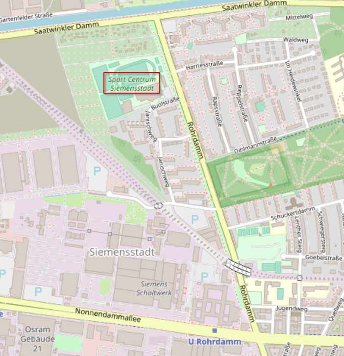 Stadtplan von Siemensstadt mit eingezeichneten Straßen und dem Sport Centrum Siemensstadt.