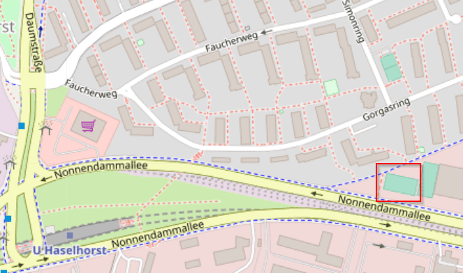Karte mit Stra&szlig;enverlauf und eingezeichnetem Bereich an der Nonendammallee im Stadtteil Haselhorst.