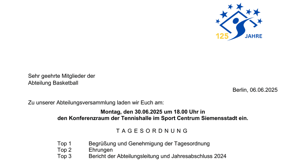 Einladung zur Abteilungsversammlung des Basketballteams mit Agenda und Terminangaben. Datum: 30.06.2025.