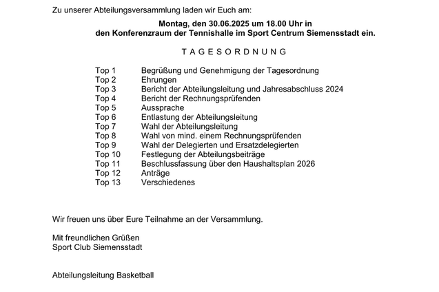 Einladung zur Abteilungsversammlung des Basketballteams mit Agenda und Terminangaben. Datum: 30.06.2025.