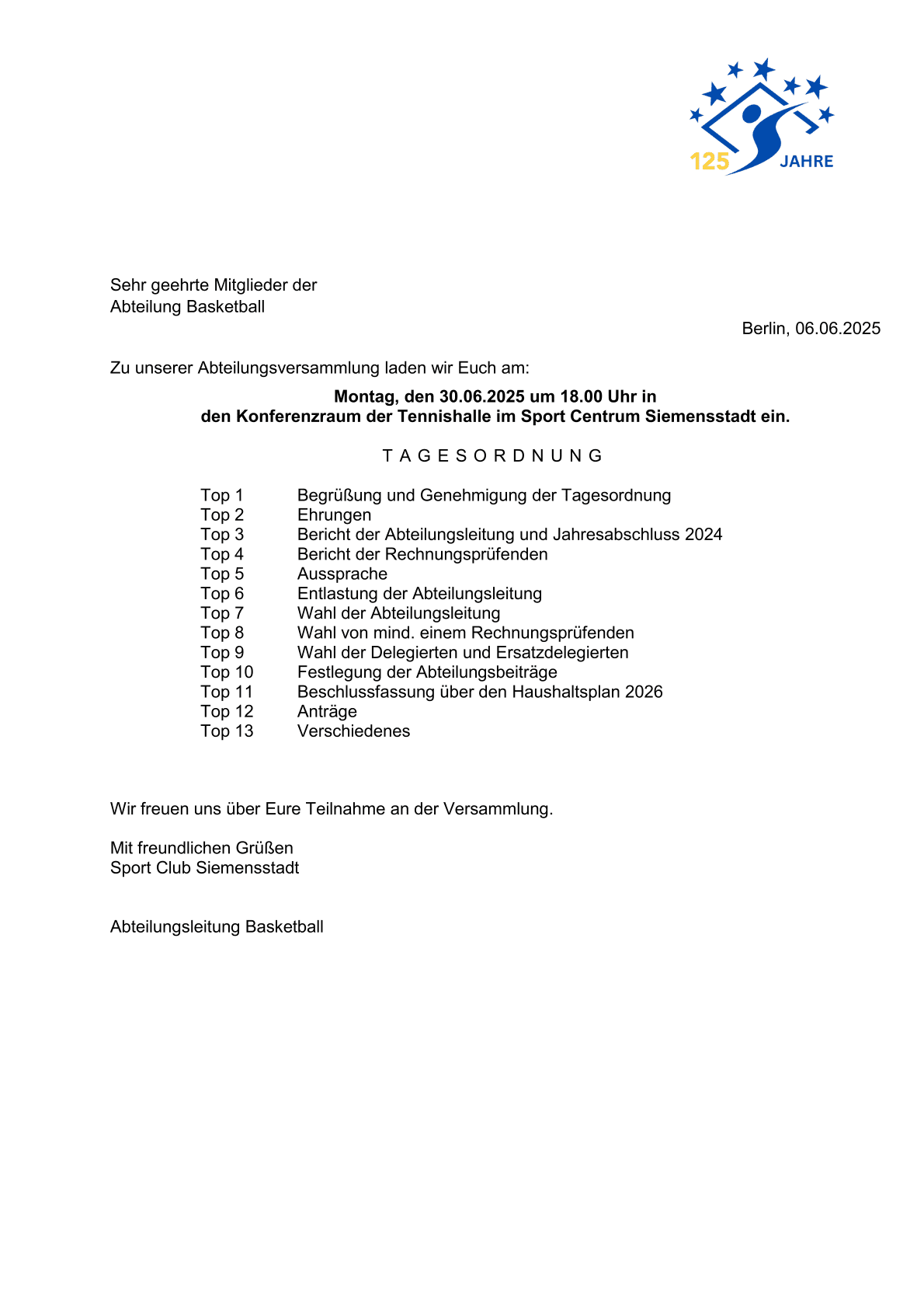 Einladung zur Abteilungsversammlung des Basketballteams mit Agenda und Terminangaben. Datum: 30.06.2025.