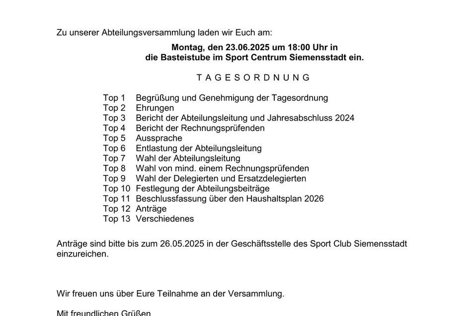Einladung zu einer Abteilungsversammlung mit Agenda und Fristen, datiert auf den 19. Mai 2025, von einem Sportclub.