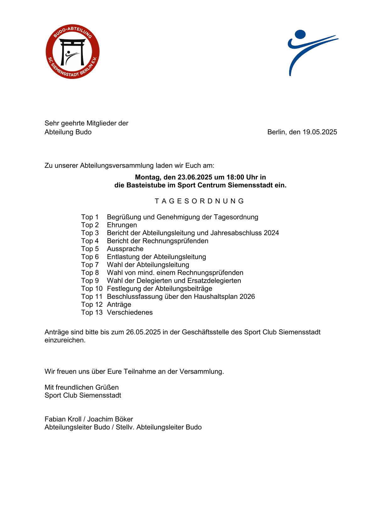 Einladung zu einer Abteilungsversammlung mit Agenda und Fristen, datiert auf den 19. Mai 2025, von einem Sportclub.
