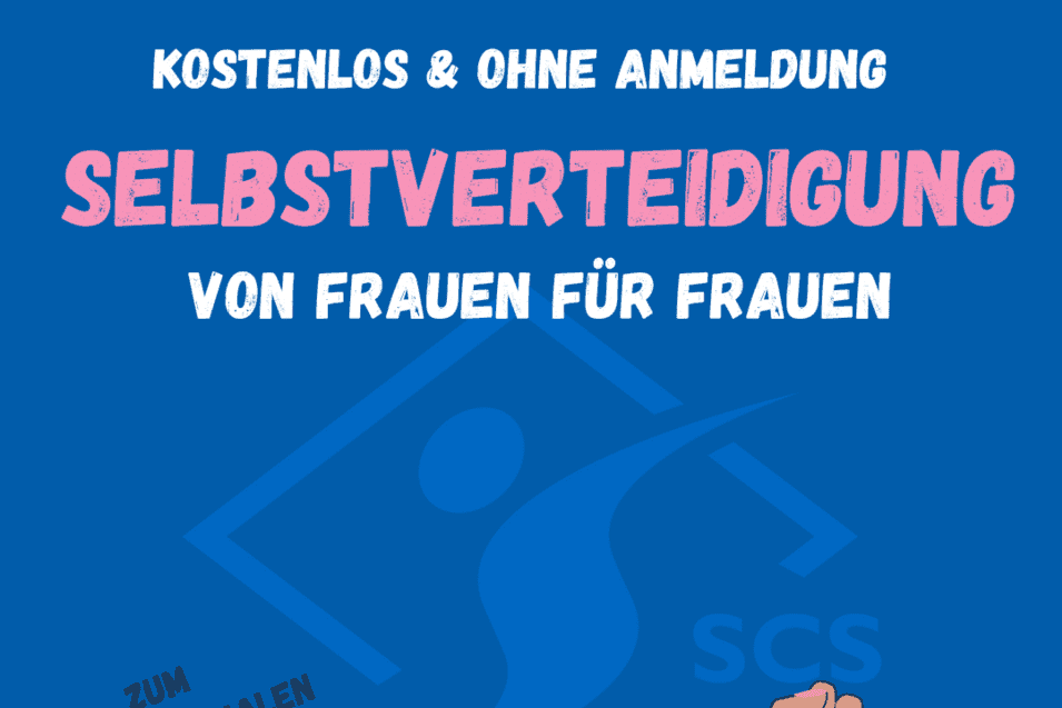 Ein Plakat zur Selbstverteidigung f&uuml;r Frauen mit Datum, Uhrzeit und Ort in Berlin, gestaltet in Blau und Pink.