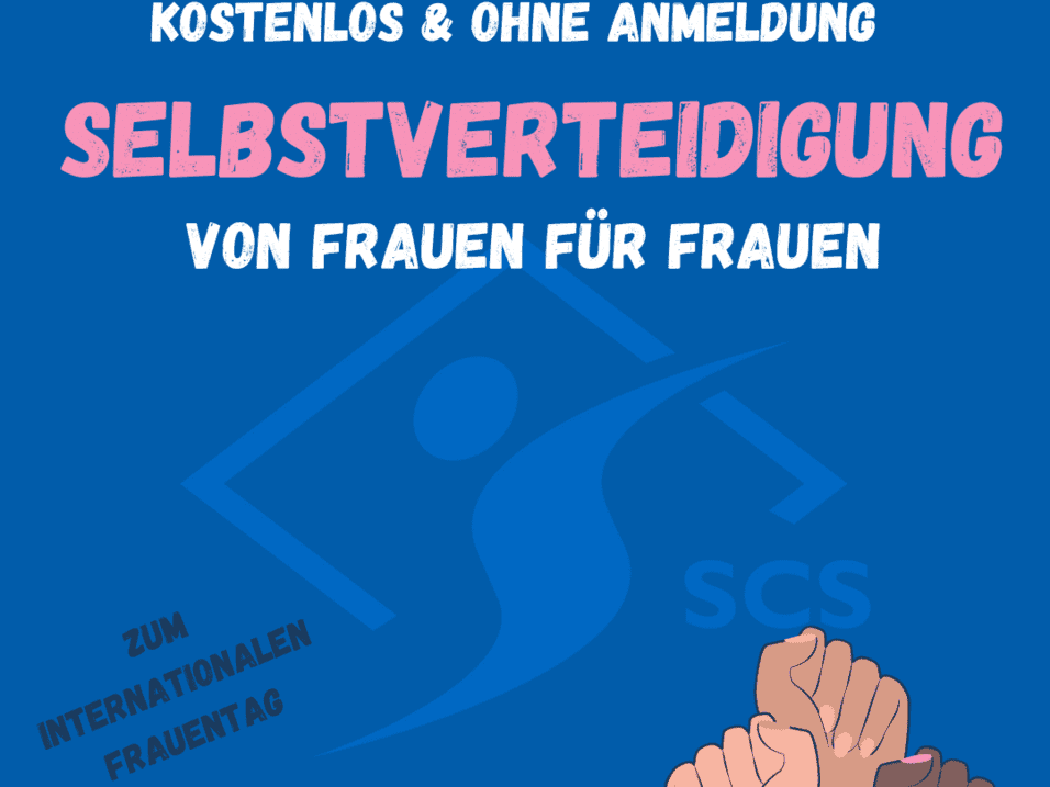 Ein Plakat zur Selbstverteidigung für Frauen mit Datum, Uhrzeit und Ort in Berlin, gestaltet in Blau und Pink.