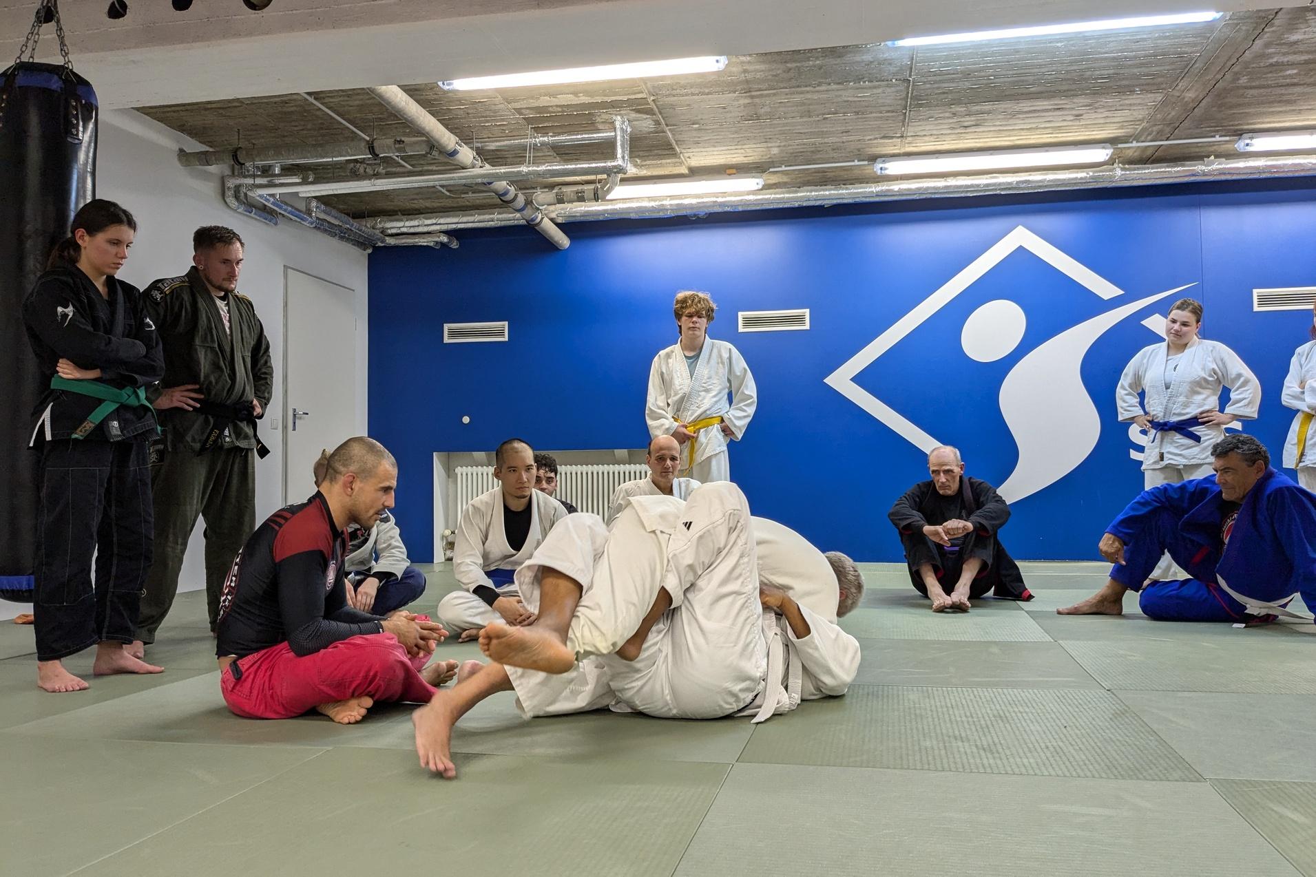 Gruppe von Menschen in Trainingsanzügen beobachtet eine Jiu-Jitsu-Demonstration auf einer Matte in einem Trainingsraum.