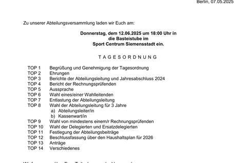 Einladung zur Abteilungsversammlung mit Tagesordnung, Datum und Ort im Sport Centrum Siemensstadt.