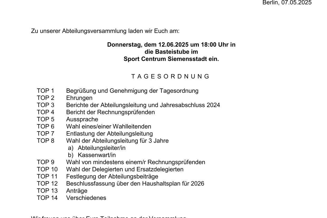Einladung zur Abteilungsversammlung mit Tagesordnung, Datum und Ort im Sport Centrum Siemensstadt.