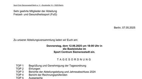 Einladung zur Abteilungsversammlung mit Tagesordnung, Datum und Ort im Sport Centrum Siemensstadt.