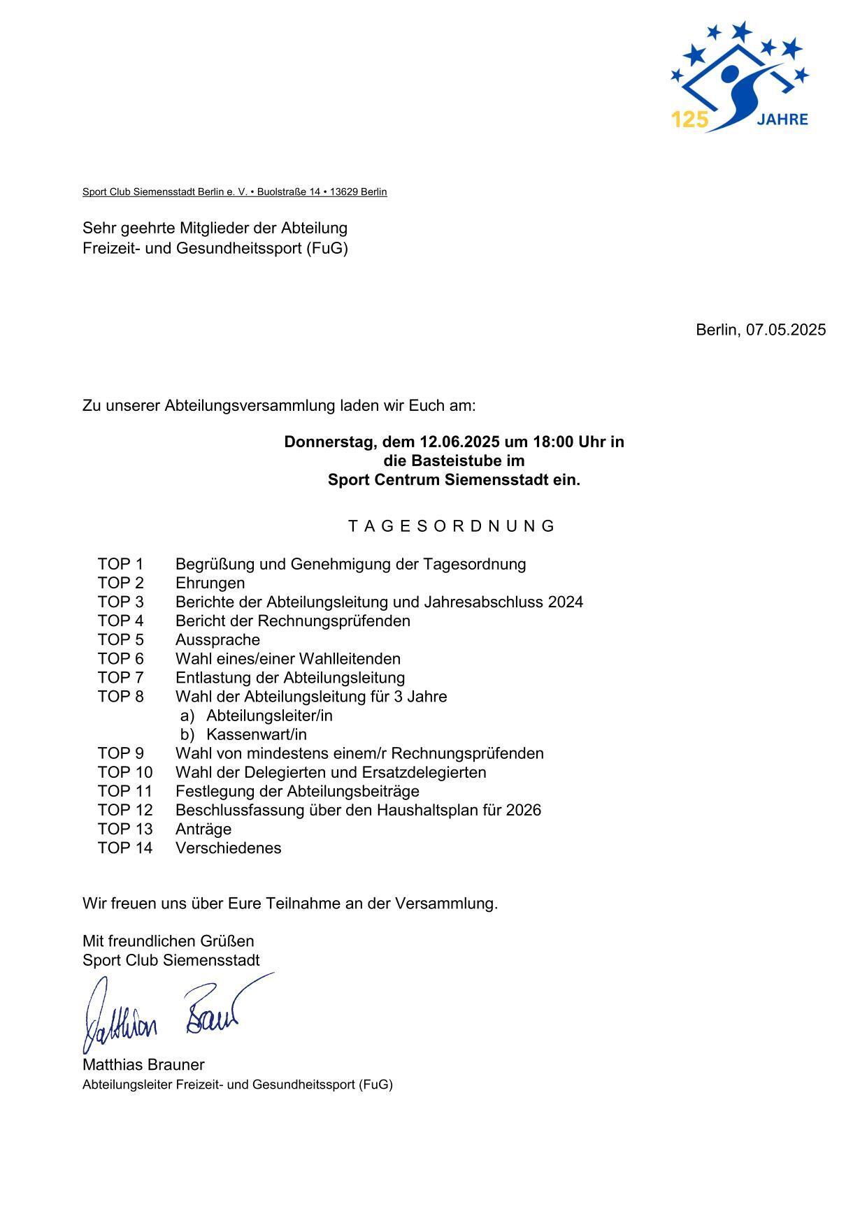 Einladung zur Abteilungsversammlung mit Tagesordnung, Datum und Ort im Sport Centrum Siemensstadt.