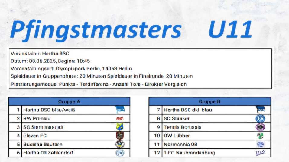 Details zur U11-Pfingstmasters-Veranstaltung von Hertha BSC, inklusive Gruppen und Spielplänen.