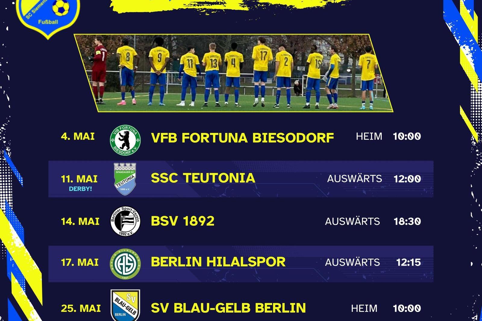 Spielplan der Saison 24/25 mit sechs Fußballspielen, inklusive Daten, Gegner und Spielorte. Team in gelben Trikots.