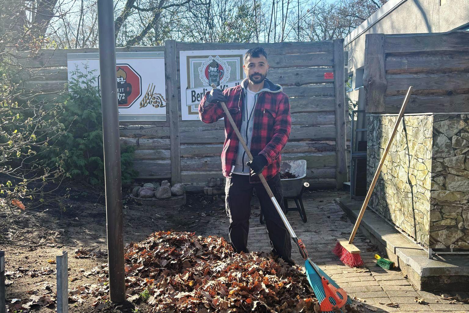 Mann mit Rechen steht neben einem großen Haufen Laub in einem Garten, umgeben von Bäumen und Holzlattenzaun.