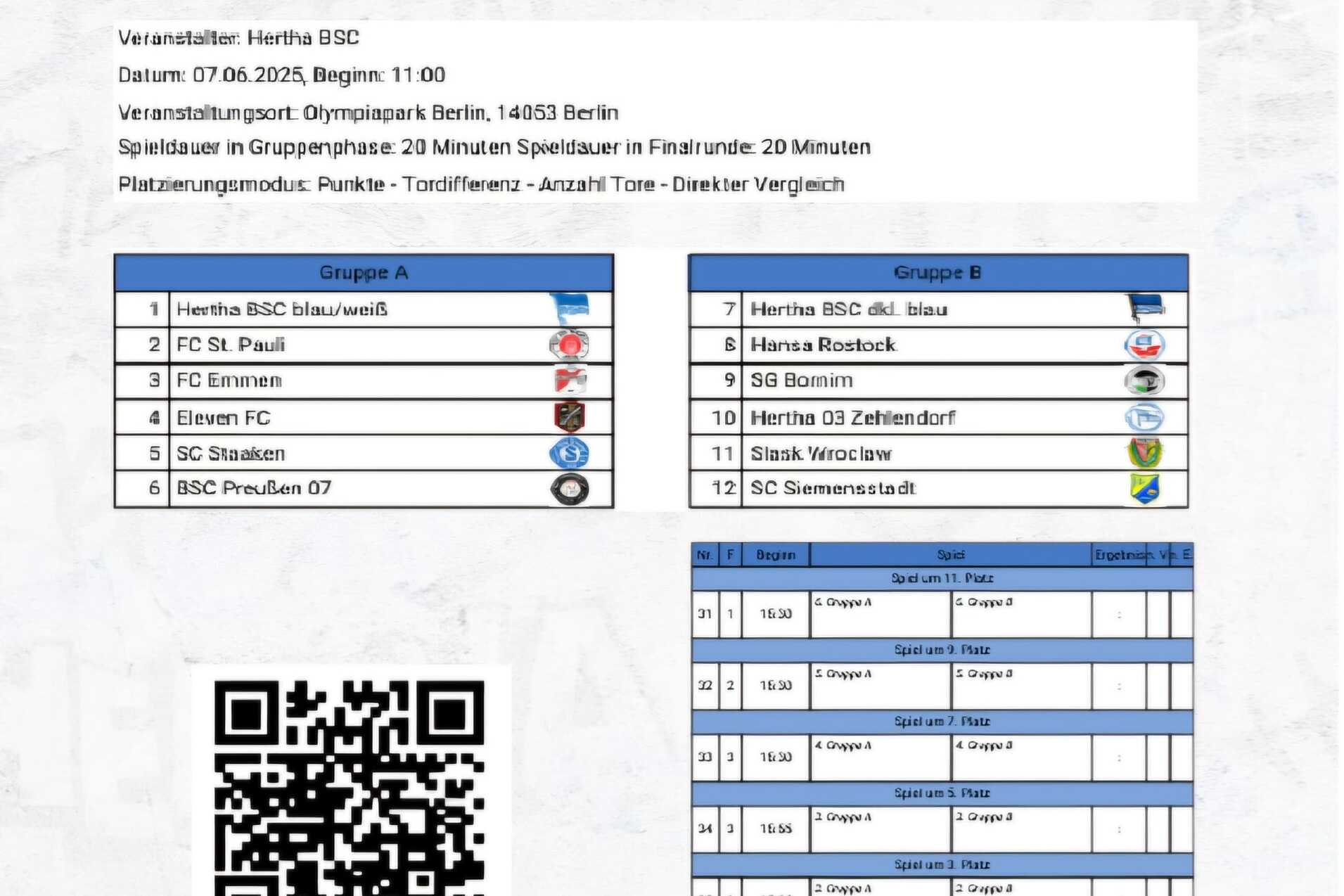 Plakat für das U12 Pfingstmasters von Hertha BSC mit Teilnehmern, Spielzeiten und Ergebnissen.