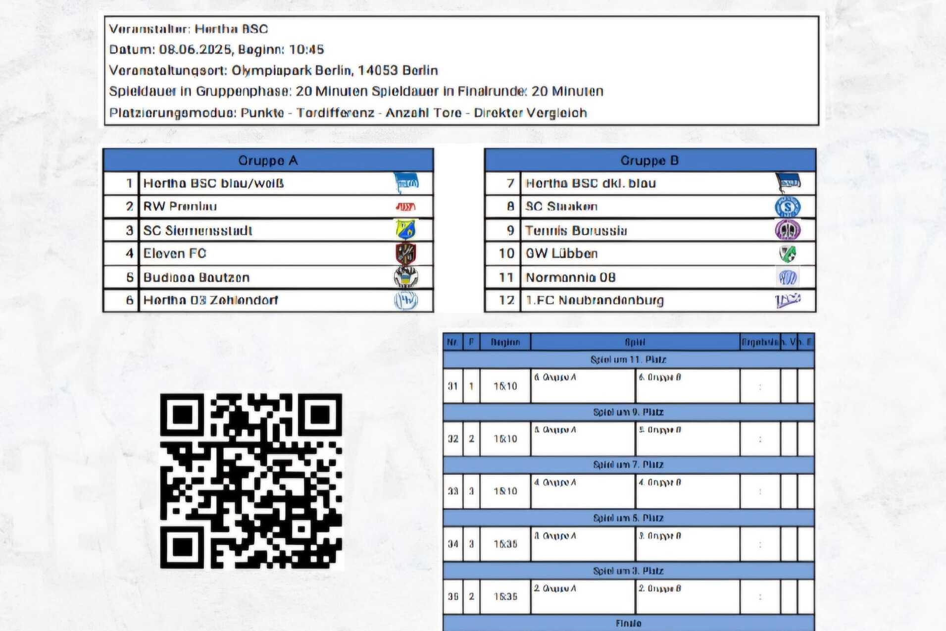 Details zur U11-Pfingstmasters-Veranstaltung von Hertha BSC, inklusive Gruppen und Spielplänen.