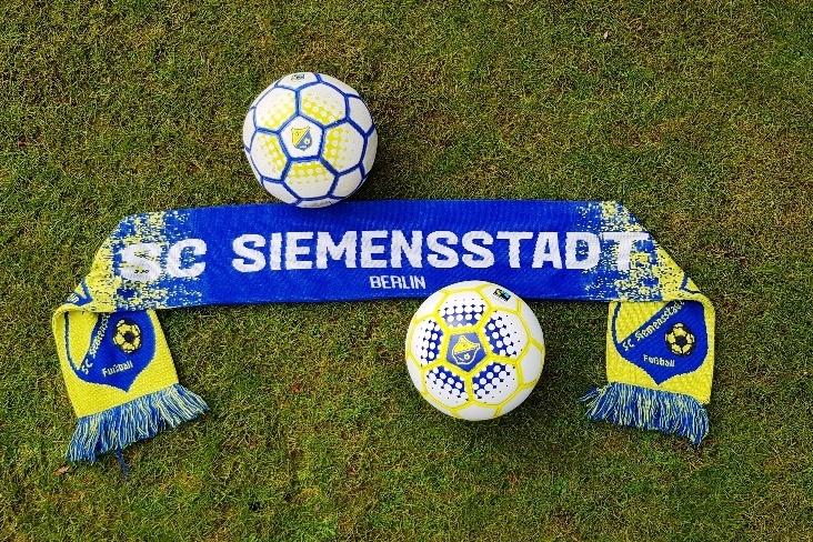 Zwei Fu&szlig;b&auml;lle und ein Fan-Schal des ISC Siemensstadt liegen auf gr&uuml;nem Rasen.