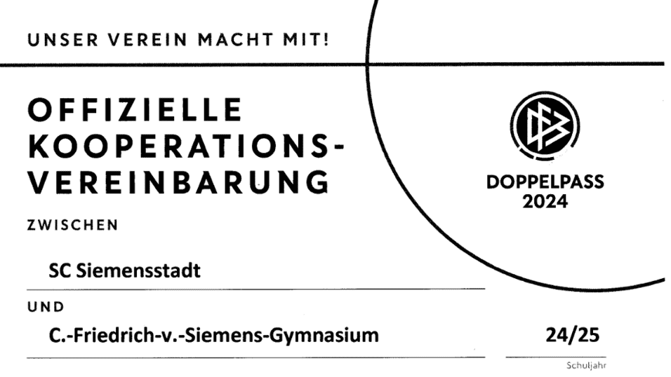 Offizielle Kooperationsvereinbarung zwischen SC Siemensstadt und C.-Friedrich-v.-Siemens-Gymnasium für Doppelpass 2024.