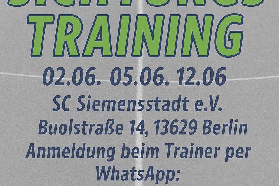 Plakat zum Sichtungstraining der B-Jugend mit Terminen, Adresse und Kontaktinformationen des SC Siemensstadt, Berlin.