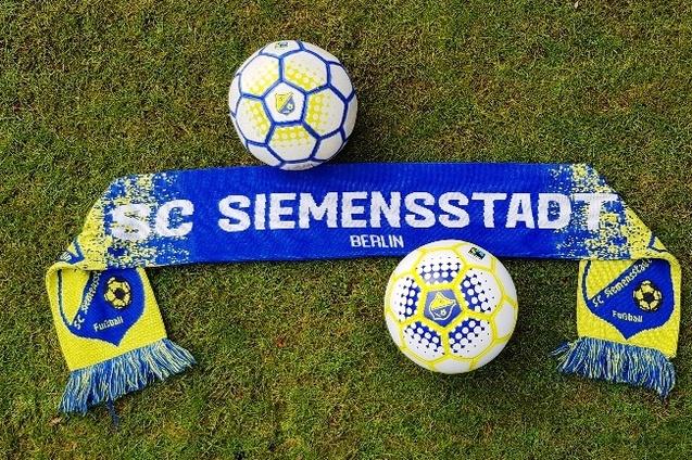 Zwei Fu&szlig;b&auml;lle und ein Fan-Schal des ISC Siemensstadt liegen auf gr&uuml;nem Rasen.