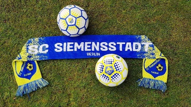 Zwei Fu&szlig;b&auml;lle und ein Fan-Schal des ISC Siemensstadt liegen auf gr&uuml;nem Rasen.
