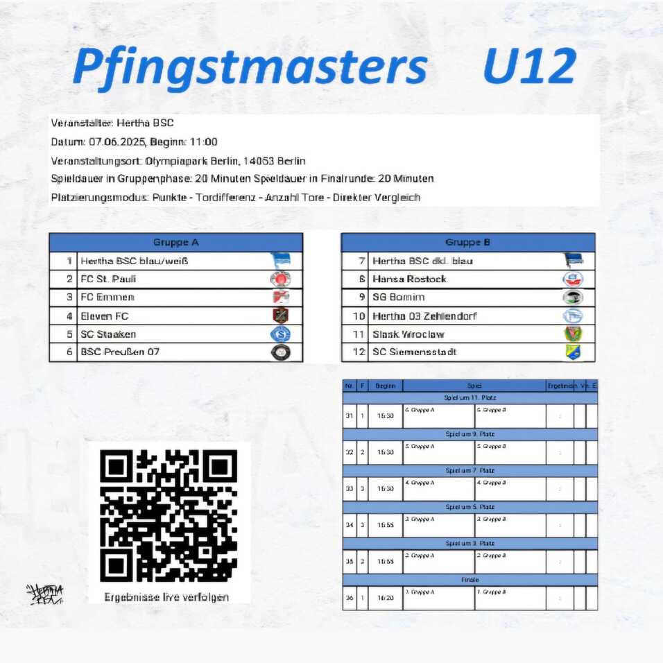 Plakat für das U12 Pfingstmasters von Hertha BSC mit Teilnehmern, Spielzeiten und Ergebnissen.