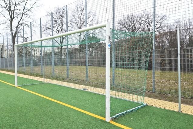 Fußballtor mit grünem Netz auf einem Kunstrasenplatz, umgeben von einem Zaun und kahlen Bäumen im Hintergrund.