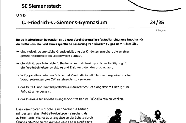 Dokument mit der offiziellen Kooperationsvereinbarung zwischen SC Siemensstadt und C.-Friedrich-v.-Siemens-Gymnasium für 2024/25.