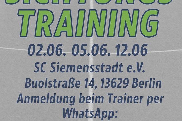 Plakat zum Sichtungstraining der B-Jugend mit Terminen, Adresse und Kontaktinformationen des SC Siemensstadt, Berlin.