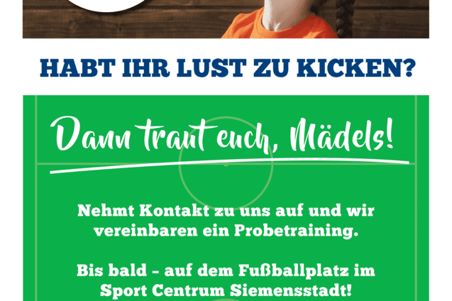 M&auml;dchen mit einem Fu&szlig;bal &uuml;ber dem Kopf l&auml;chelt, umgeben von Informationen zum Probetraining f&uuml;r eine M&auml;dchenfu&szlig;ballmannschaft.