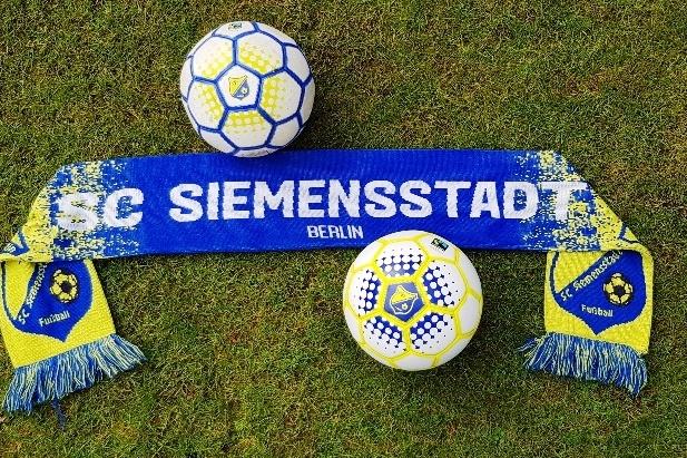 Zwei Fu&szlig;b&auml;lle und ein Fan-Schal des ISC Siemensstadt liegen auf gr&uuml;nem Rasen.